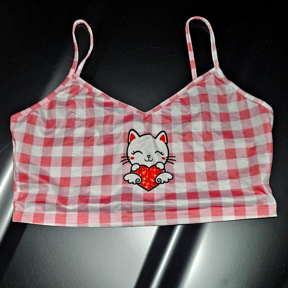 Kawaii Pink White Gingham Kitty Crop Top Cami Tank Top Deadstock